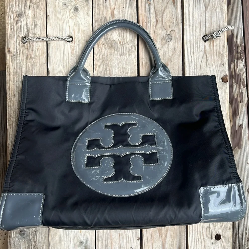 Tory Burch Ella Tote - Large Black Nylon Shoulder Bag with Patent Logo